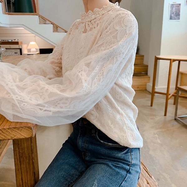 Ny kvinnor Mesh Skir blus Genomskinlig lykta Långärmad blus Modeknapp Transparent vit skjorta Kvinnlig S Aprikos S Apricot