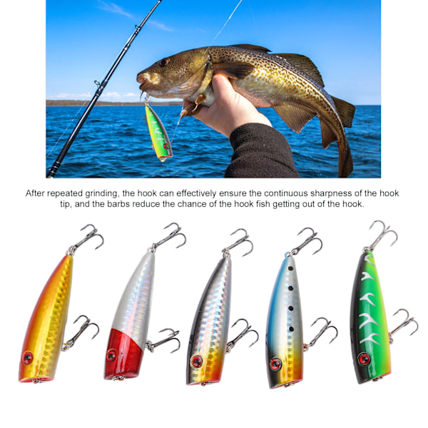 Set med 5 hårda fiskedrag - 6,5 cm/9 g popperbeten för bas i floder, sjöar och reservoarer, 5 färger