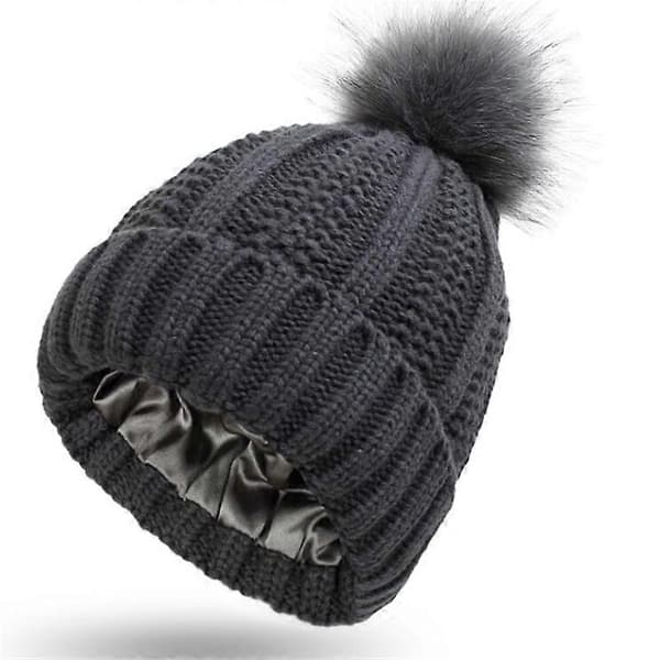 【BQ】Satinforing Vinter Damehat Herrehat Ærter Mode Pelsbold Pompon Strikket Silkehat-Mørkegrå Dark gray