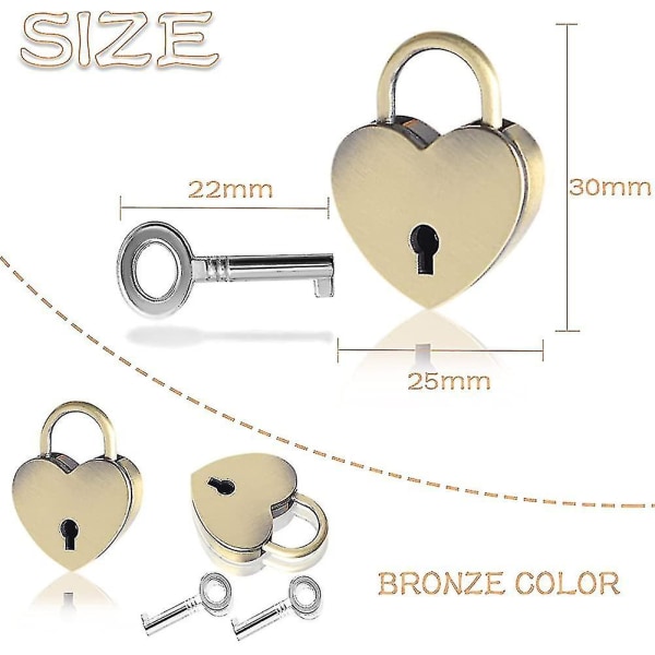 6 Pieces Small Key Lock Mini Heart Shaped Bronze Padlocks With Keys Antique