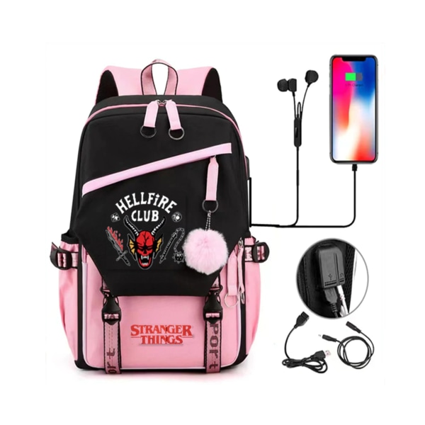 Stranger Things Hellfire Club Skoletaske USB Opladning Rygsæk Skuldertaske - C