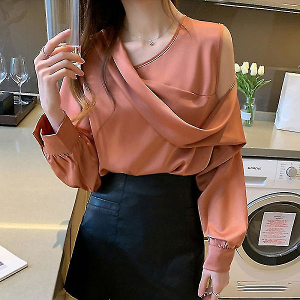 V-ringad Smal Kvinnor Off-Soulder Långärmad Chiffong Blus Höst Elegant Satin Skjorta Solid Ol Toppar Pink M