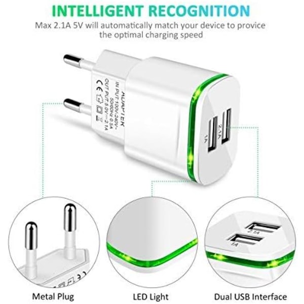 USB-strømstikoplader, 2-Pack 2.1A 5V 2-Port Universal Power Adapter LED-ersætning til iPhone 11 XR X XS Max 8 7 6 6S Plus 5S, Samsung Galaxy/Note.