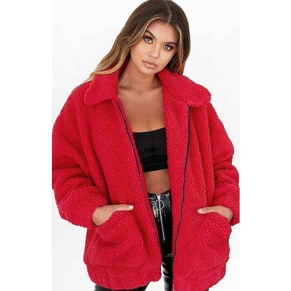 Kvinnors Lapel Långärmad Faux Jacka Vinter Sexig Parka Modejacka Red M