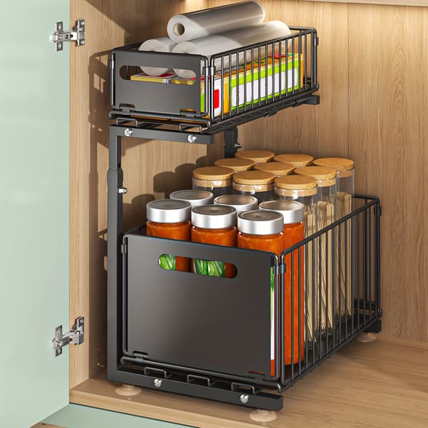 【BQ】2-Tier Pull-Out Storage Basket No Drilling Foldable Metal Sliding Organizer for Under Sink Cabinet