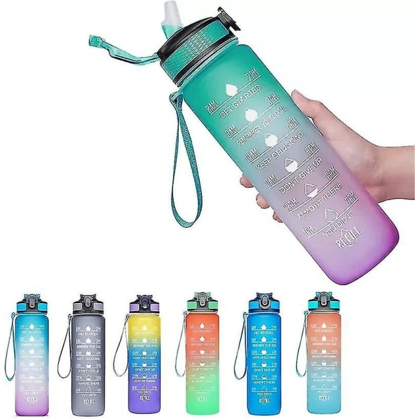 1l Bærbar Vandflaske med stor Kapacitet Motivationsdrikkolbe Med Tidsmarkering Bpa Gratis Sports Gym green purple