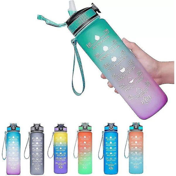 1l Bärbar vattenflaska med stor kapacitet Motiverande dryckesflaska med tidsmarkeringar Bpa Free Sports Gym green purple