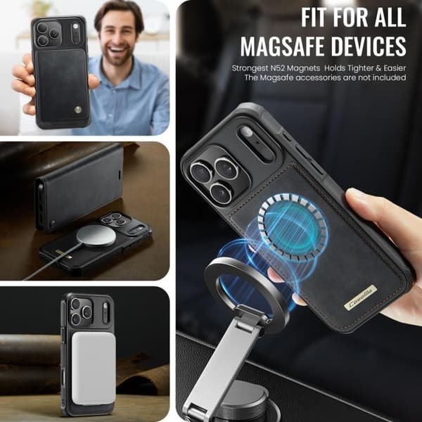 【BQ】iPhone 17 Pro Case leather case with MagSafe and RFID blocking, detachable wallet Svart
