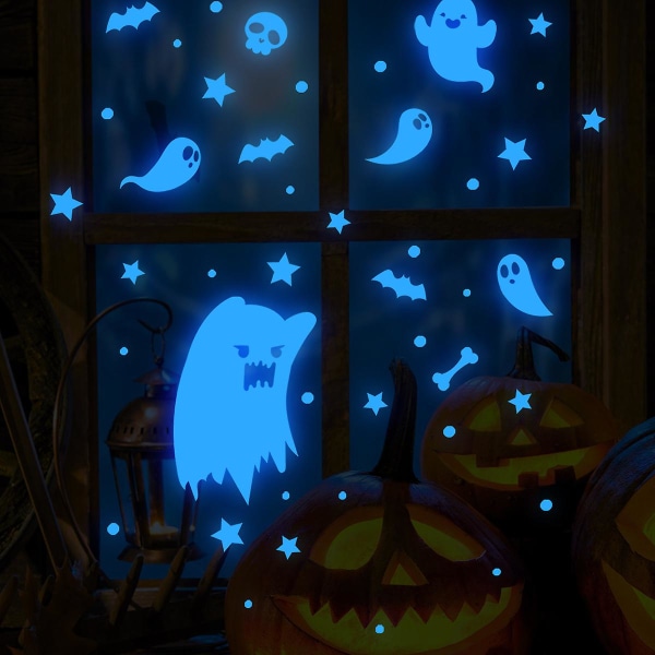 Vindus- og veggklistremerker-Halloween-glød-i-mørke-veggdekorasjoner for måne, heks, flaggermus, spøkelser og hodeskaller Blue