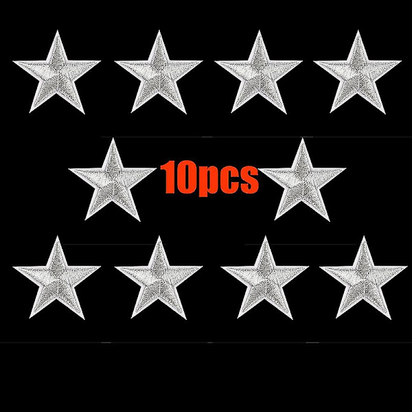 10 stk Sølvstjerner Broderede Badges Stryg Patches Motiv Applikation Stickers Silver