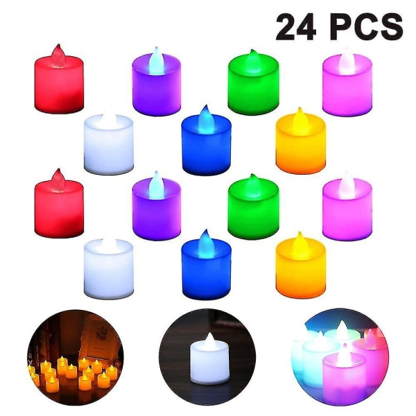Batteridrevne led fyrfadslys, pakke med 24, flammeløse votive fyrfadslys Farverige blink Colorful flashes