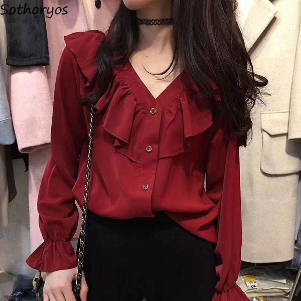 Blusar Skjortor Dam V-ringad volanger Chic Solid Flare Sleeve All-match Elegant enkelknäppt chiffong Koreansk stil Nytt mode red L