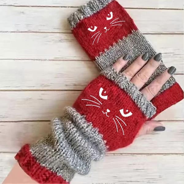 【BQ】Kat Splejsning Strikkede Handsker Strikkede Fingerløse Handsker Touch Screen Vinter Varme Patchwork Broderede Handsker Black