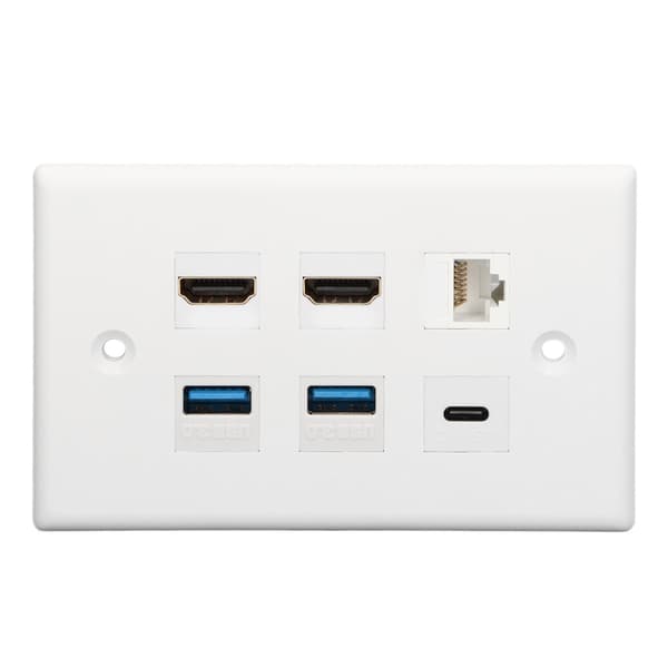 Multimediaväggplatta med 6 portar - 2xHD, 2xUSB3.0, 1xTyp C, 1xCat6 Ethernet