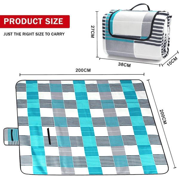 200 X 200 cm piknikteppe, vanntett bærbart sammenleggbart teppe, sandkontroll utendørs strandmatte med håndtak for camping, strand og piknik 200x250cm