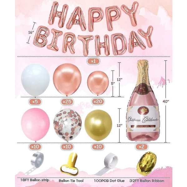 Festballoner-rosaguld Champagneflaskeballonguirlandebuesæt, rosaguld Tillykke med fødselsdagen Bannerballoner til fødselsdagsfestdekoration