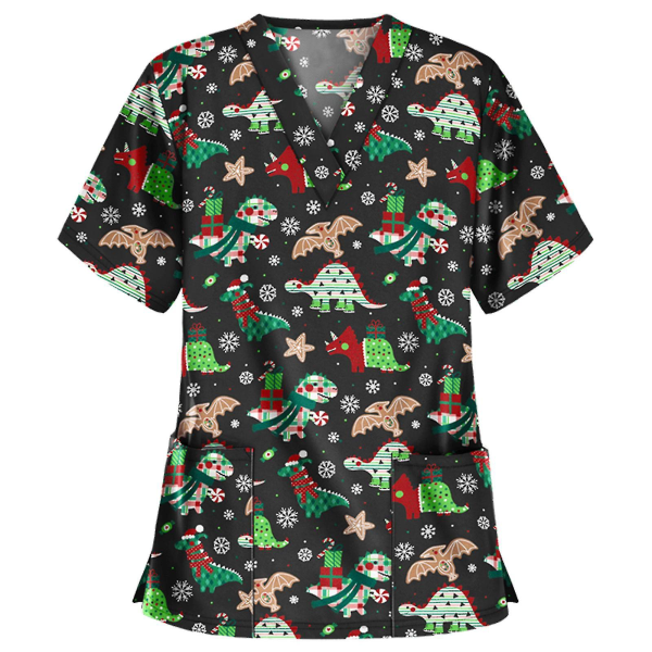 Christmas Nurse Uniform Kvinder V-hals Print T-shirt Casual Kortærmede Pocket Toppe 3 XXXL