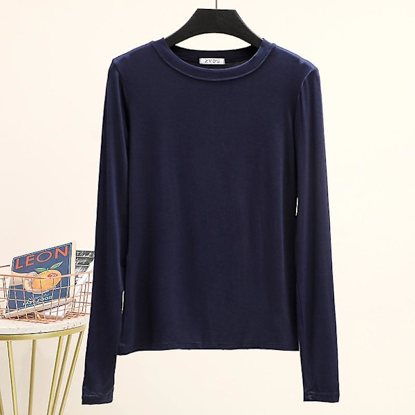 Basic T-shirt O-hals långärmad Kvinnor Höst Bottom T-tröjor All Match T-shirt Plus Size Undertröja M marinblå M navy