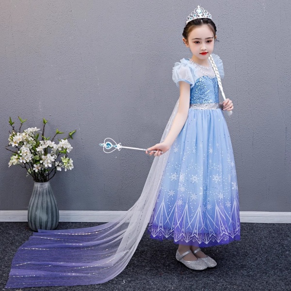 Flickor Elsa Princess Dress Sommar Nya Frozen Barnkläder Flickor Elsa Dress Födelsedagsklänning Performance Dress 150 yards (134-140CM)