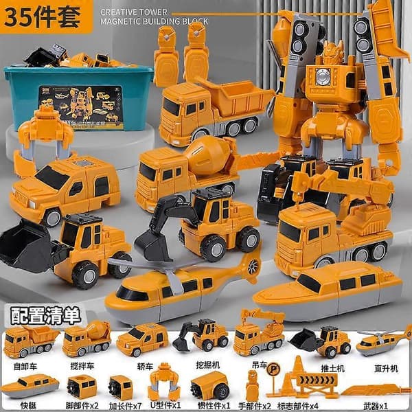 【BQ】Magnetisk Transformerende Ingeniørkjøretøy Monteringsleke Engineering 35 pieces