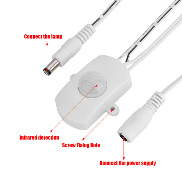 Mini PIR Infrarød Bevægelsessensor Switch til LED Strip - Hvid, 5A, DC 6-24V