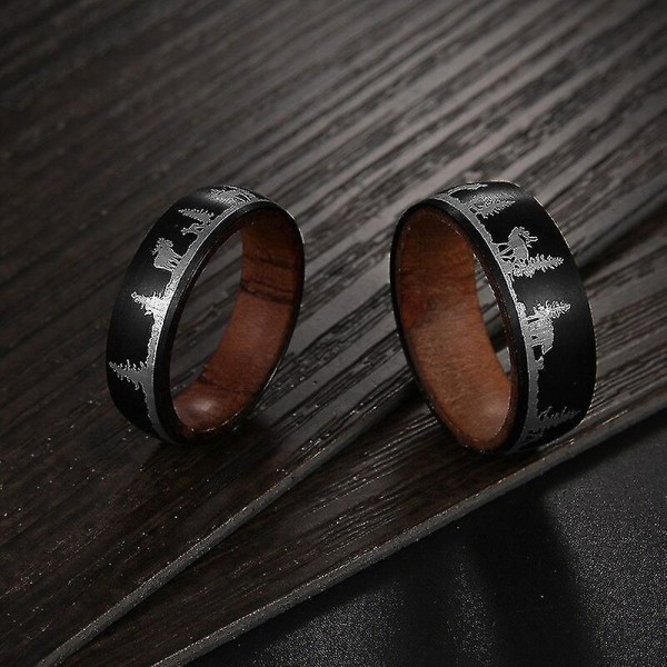 2021 Trendiga 8 mm Deer Family Black Tungsten Wild Life Jakt Parringar Koa Wood Inlay Herr Titanstål Ringar för julklappar A-Men 8mm 10