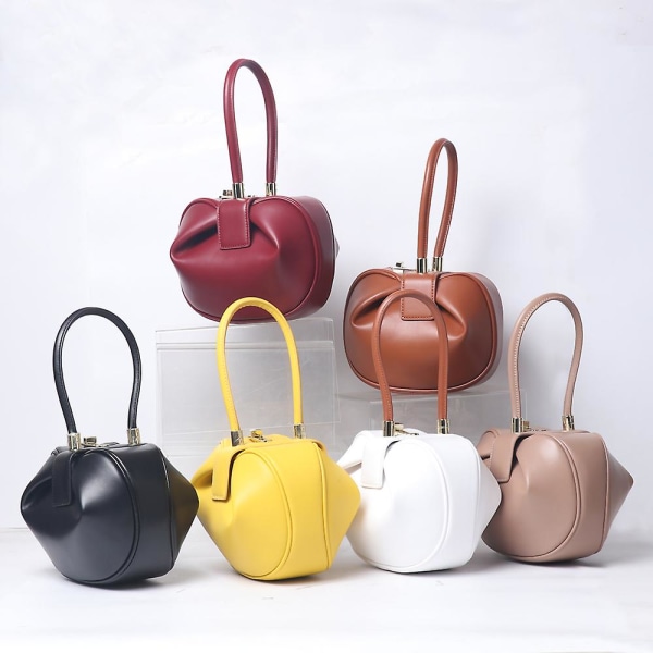 A Main Luxury Designer Handbag Women Small Round Design Leather Hand Bag For Women 2023 Fashion Bowling Bag Purse Clutches  Yellow Handbag