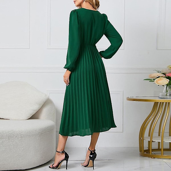 Elegant långärmad midiklänning för kvinnor med bälte för bröllopsgästkontorsklänningar för fest Green S