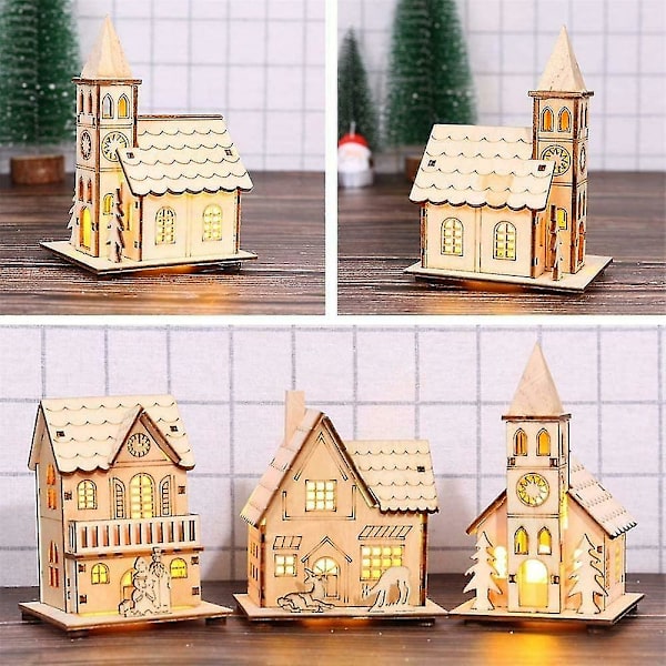 Ny rustikk ledet trekirke, DIY Wooden Christmas Village Scene, To Light Up Christmasm
