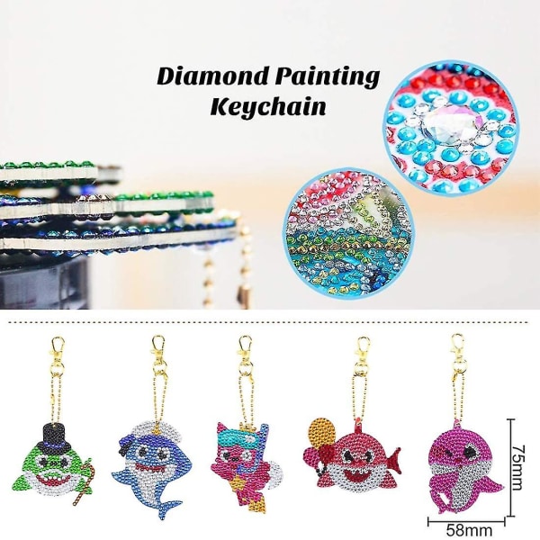 Gjør-det-selv 5d Shark Diamond Painting nøkkelring, Rhinestone Paint Diamond Painting Keychain, Broderi Art Craft, 5 stykker