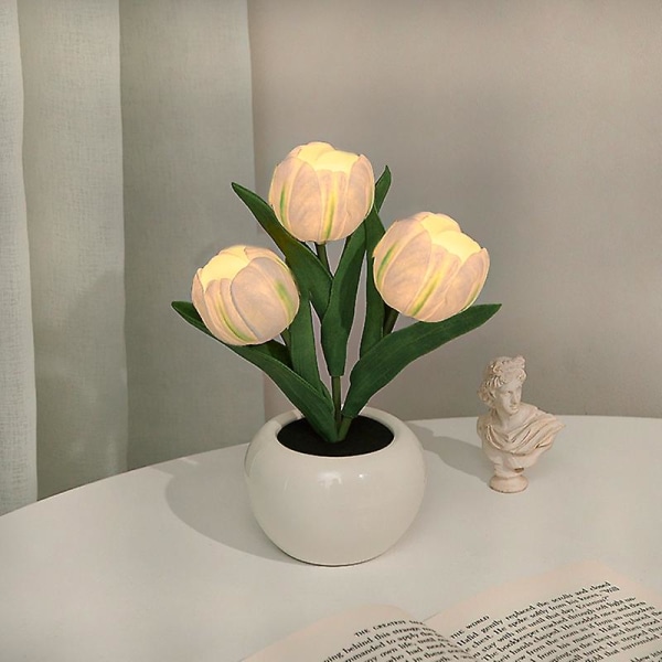 Led Tulip Nattljus Simulering Blomma Bordslampa Heminredning Atmosfärslampa Romantisk krukpresent till kontor/rum/bar/café Battery 3 Head White Tulip