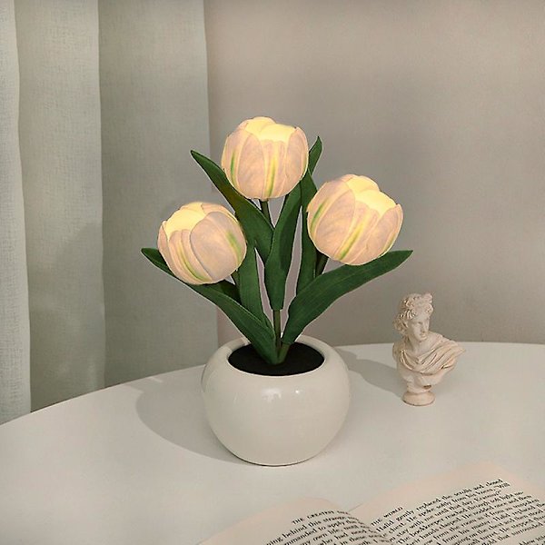 Led Tulip Night Light Simulation Flower Pöytävalaisin Kodinsisustus Tunnelmalamppu Romanttinen ruukkulahja toimistoon/huoneeseen/baariin/kahvilaan Battery 3 Head White Tulip