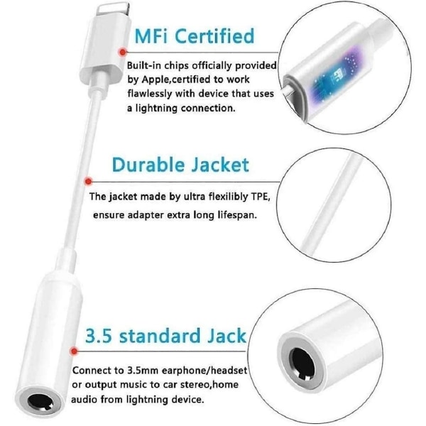 Lightning till 3,5 mm Aux hörlursuttag Adapter, 2-pack Iphone 3,5 mm hörlurskontakt, kompatibel med Iphone 12/11/xs/xr/x 8 7/ipad, supportsamtal +