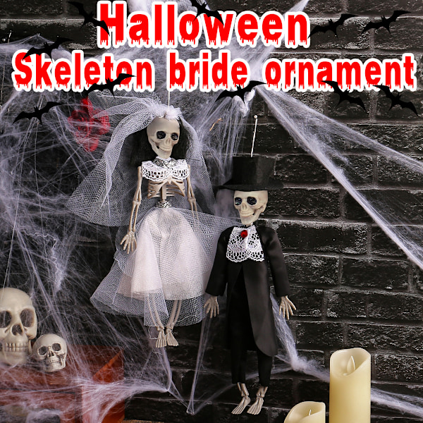 Halloween-skjelett brude- og brudgompynt, egnet for å dekorere skrekkbarfestscener i hemmelige rom, spøkefuglrekvisitter B