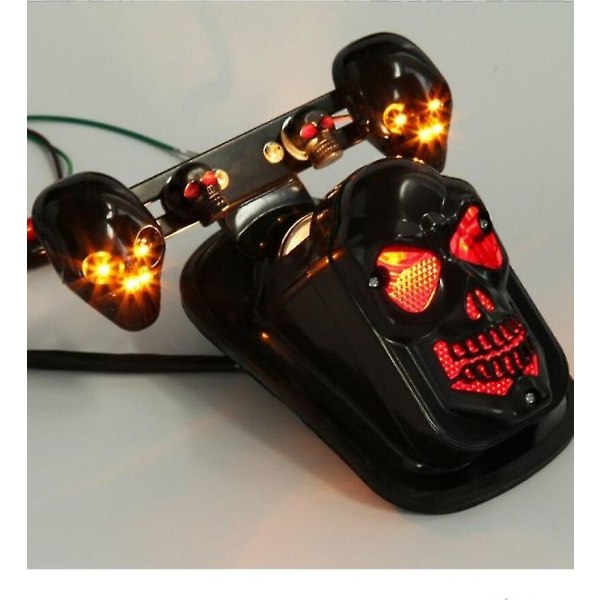 Chrome Skjelettstil Modifisert Motorsykkel Led Black Skull Baklykt Med Blinklys Motorsykkel Baklys Pluss styring B-yellow