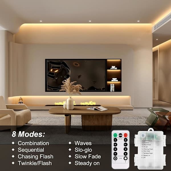 【BQ】3m batteridrevne LED-strips med fjernkontroll, vanntett, 8 moduser, dimbar timer, varmhvit-FF-