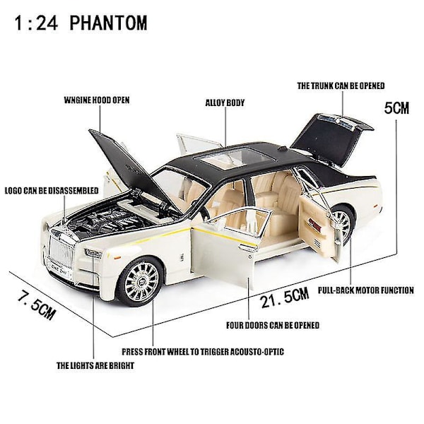 Hhcx-1/24 Alloy Diecast Rolls-royce Phantom Model Toy Car Simulation Sound Light Pull Back Collection Toys Vehicle For Children Gifts 132-Phantom black