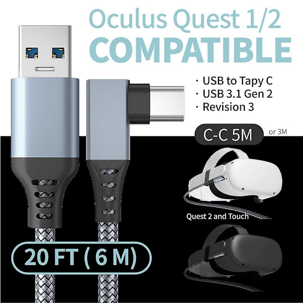 Länkkabel för Oculus Quest 2, snabbladdning & PC-dataöverföring USB C 3.2 Gen1 5gbps Pd-överföringsladdningskabel Vr Headset Link-kabel Black 5M