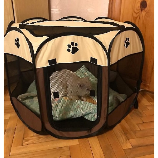 Bærbar sammenleggbar kjæledyr åttekantet bur for katt telt lekegrind valp kennel enkel betjening gjerde utendørs store hunder hus kaffe 74x74x43CM
