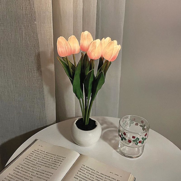 Led Tulip Lampe Nattlys For Interiørdekorasjon Bordlampe Kunstig Blomsterpotte Atmosfære Lampe Nattlampe Gave Landskap 6 Heads Pink USB Charging