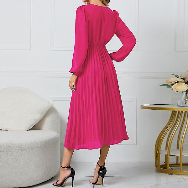 Elegant långärmad midiklänning för kvinnor med bälte för bröllopsgästkontorsklänningar för fest Pink S