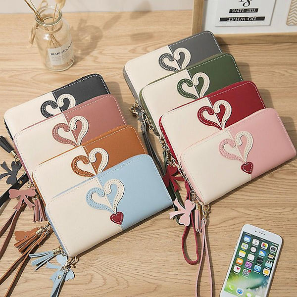 Kvinders hjerte multifunktion pung pengetaske Lady Long Pu læder lynlås clutch taske pung kortholder kvinde pung Gray