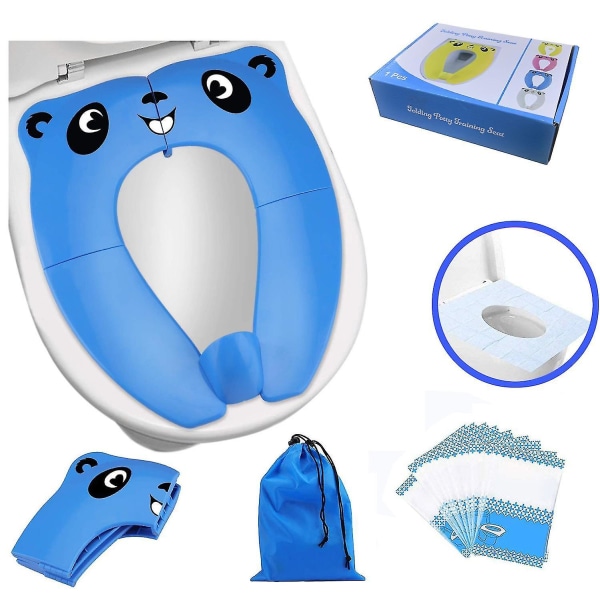 Bærbart toalettsett med bæreveske og 10 pakker engangstoalettsetetrekk panda blue