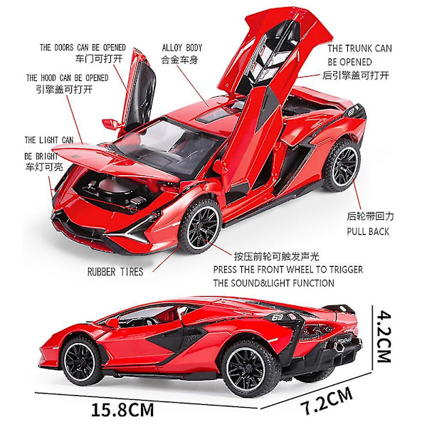 Hhcx-ny 1:32 Alloy Lamborghinis Sian Sports Car Model Diecast Sound Super Racing Collection Toy Pull Back Julegave til barn sian red