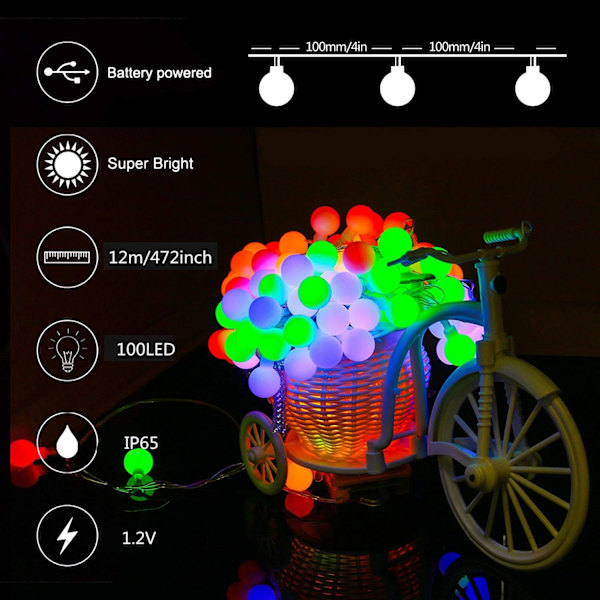 Solar String Lights, 100 LEDs 12m Outdoor ja Indoor Color String Lights