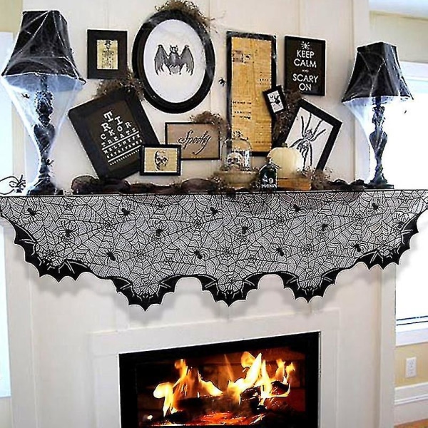 Halloween Fladdermus Bordslöpare Svart Spindelnät Spets Bordsduk Öppen spis Gardin För Halloween Fest Heminredning Skräckrekvisita B-183x46cm