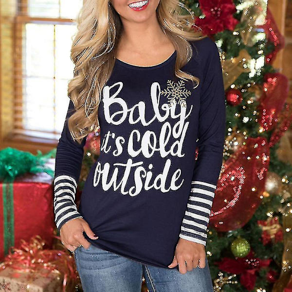 Hhcx-women Christmas Striped Long Sleeve T-shirt Blouse Tee Shirt Top Navy Blue S