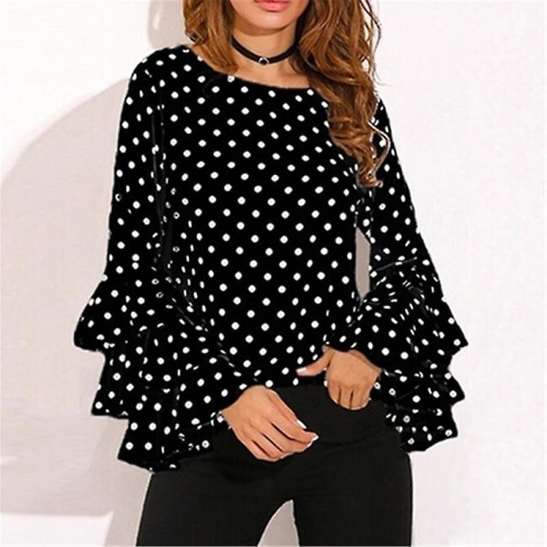 Polka Dot skjorter Vårmote O-hals Langermet bluse Femininas Casual Svart og hvit topper Skjorte Ny L Svart L Black