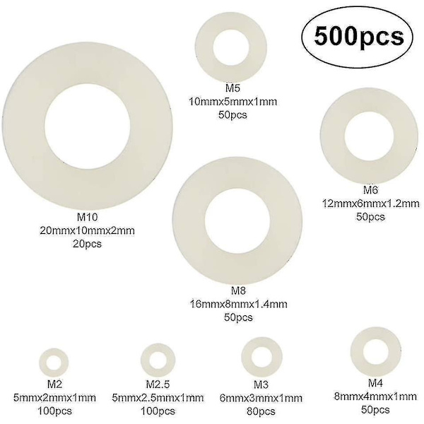 500 stk Plastskiver Nylon flate skiver M2 / M2.5 / M3 / M4 / M5 / M6 / M8 / M10 Hvit forsegling