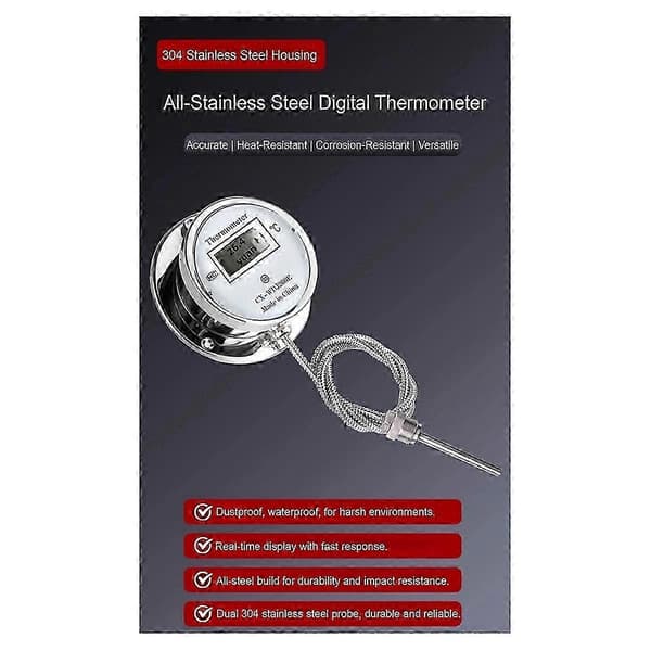 Termometer i rustfrit stål med digitalt display, vandtæt probetermometer til madlavning, industri As Shown